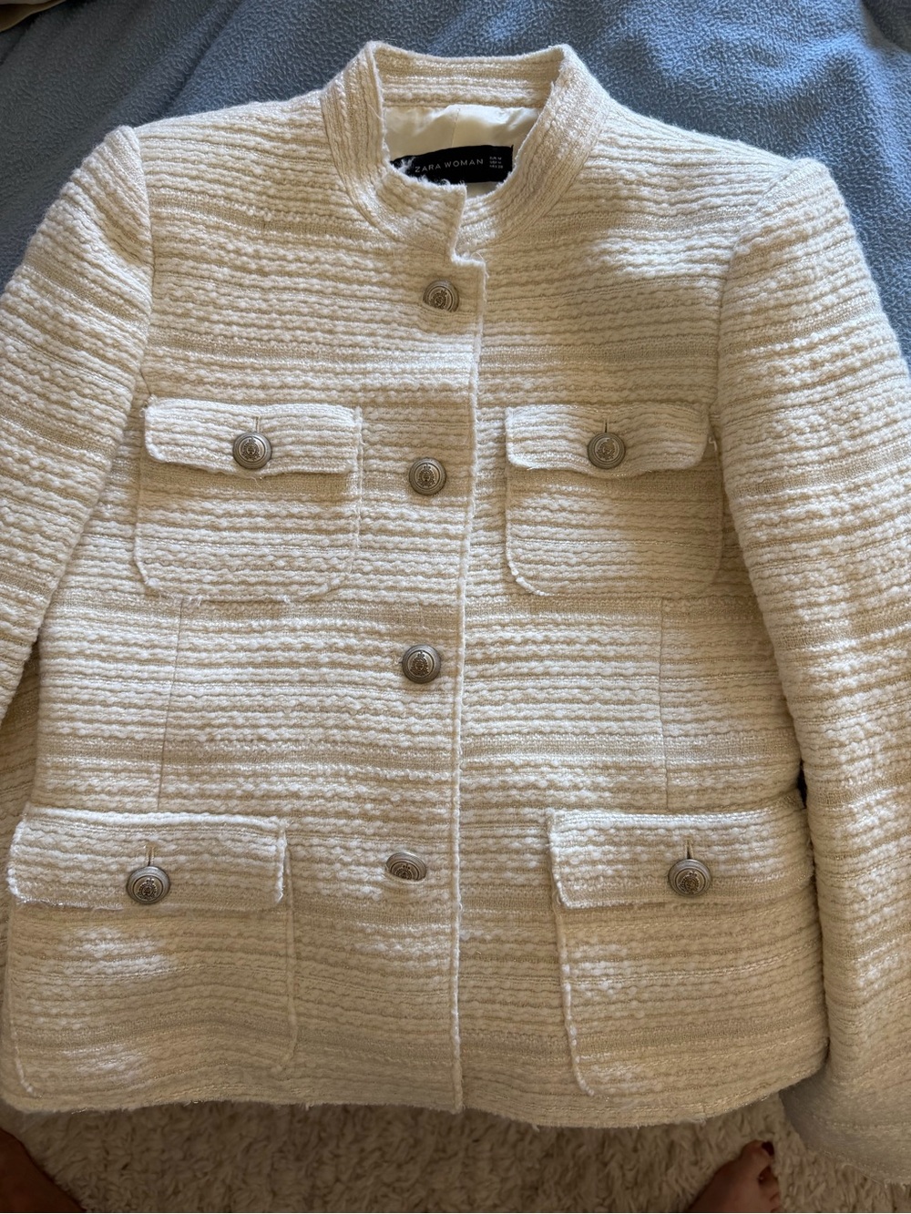 Zara Cream Textured Button-Front Bouclé Jacket